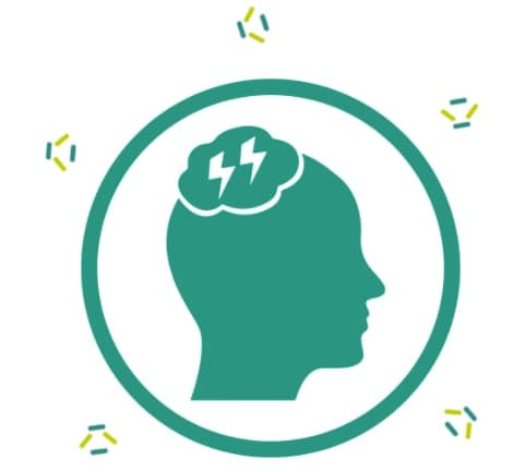 A head in profile with two lightning bolts drawn inside the brain