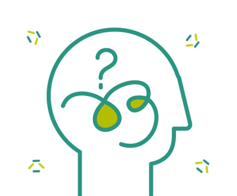 A head in profile with a question mark and looping lines drawn inside it