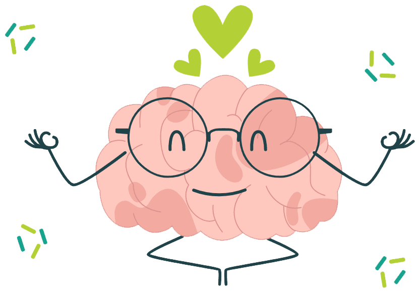 A smiling cartoon brain wearing glasses, sitting cross-legged in meditation
