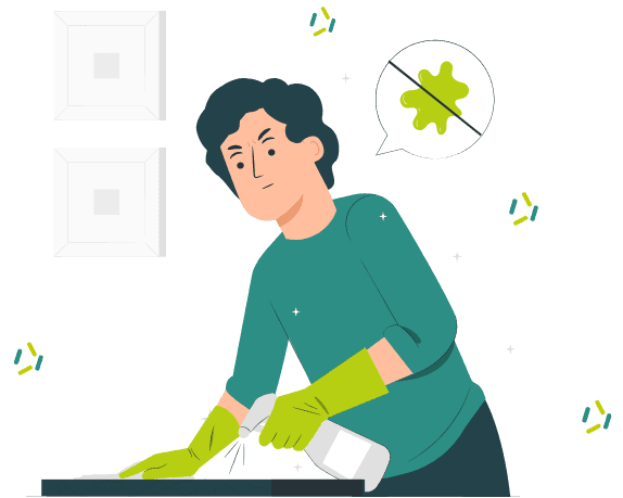 A person wearing rubber gloves scrubbing a surface, a germ crossed out in a thought bubble above them