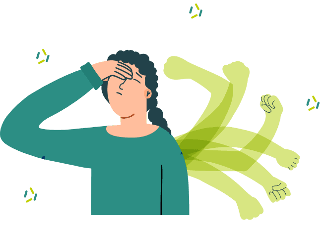 A person with a hand pressed to their forehead, their other arm repeated as if reaching again and again