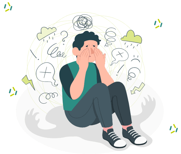 A person sitting with their hands over their mouth, surrounded by scribbles, storm clouds and speech bubbles