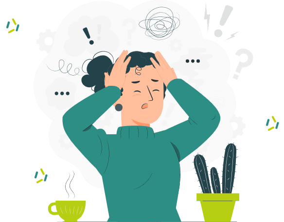 A person holding their head, surrounded by question marks, exclamation marks and tangled scribbles