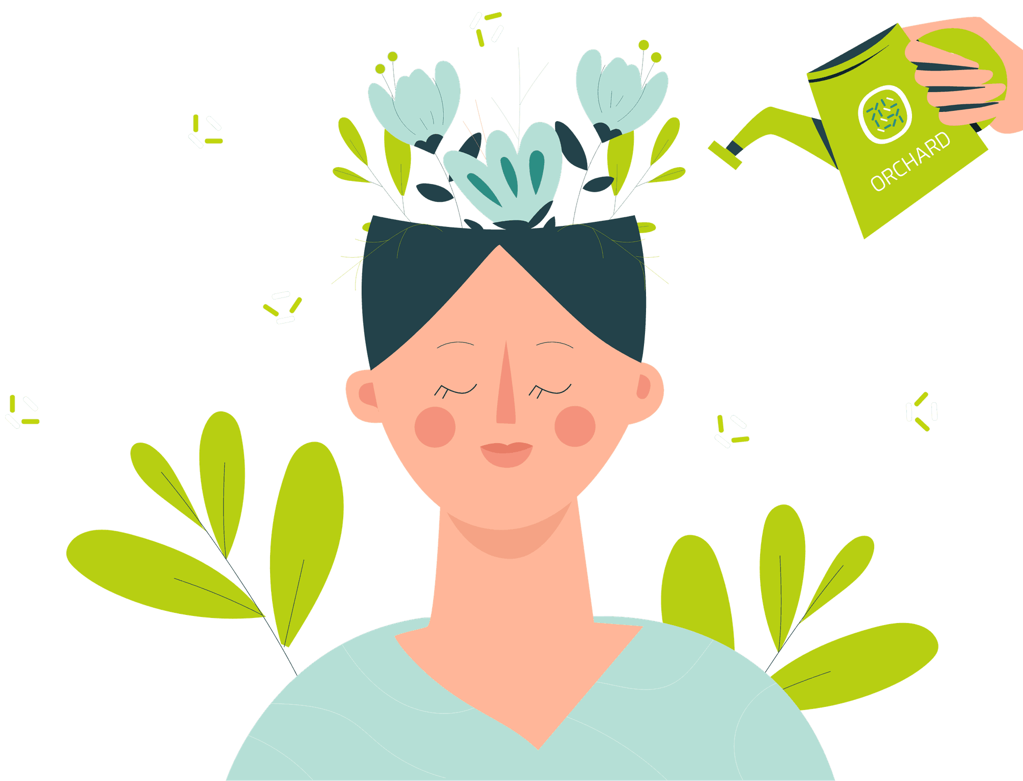 A person with leafy plants growing from their head, watered from a can