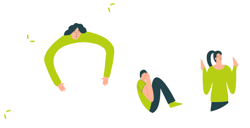 Three people in distress: one bent double, one curled up with a hand over their face, and one standing with their arms raised