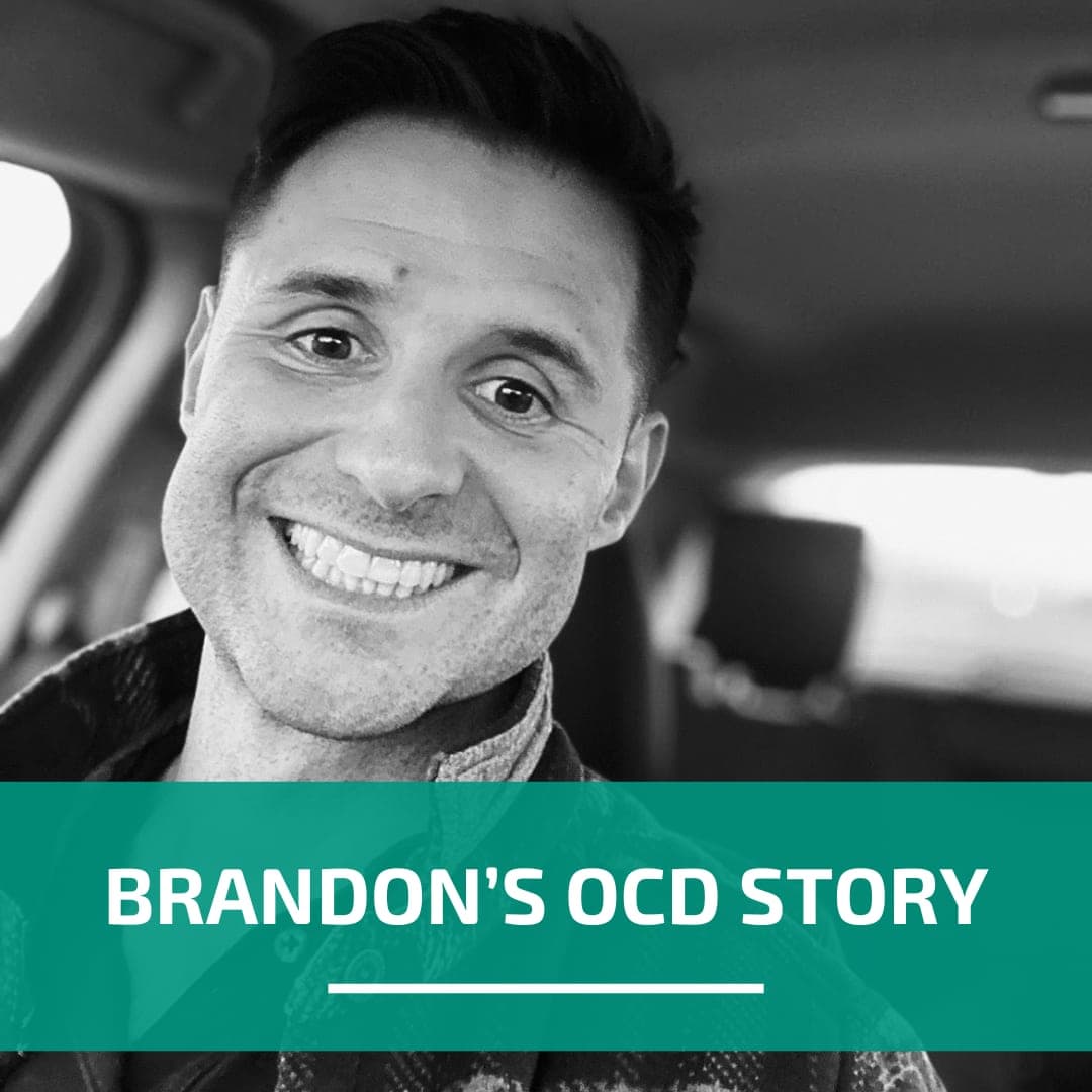 Black and white photo of the author with text saying "Brandon's OCD Story"