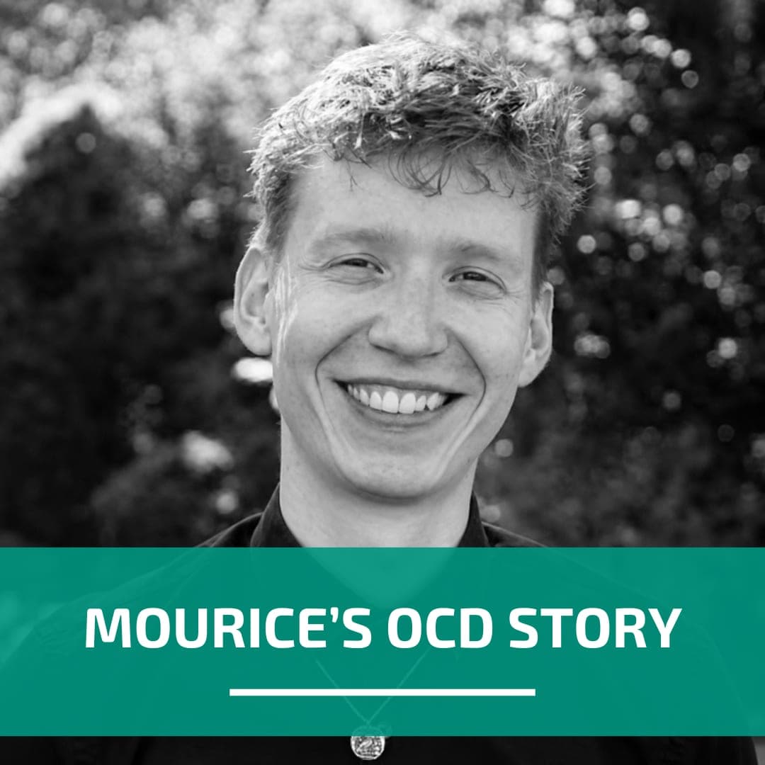 Black and white image of the author with text "Mourice's OCD Story"